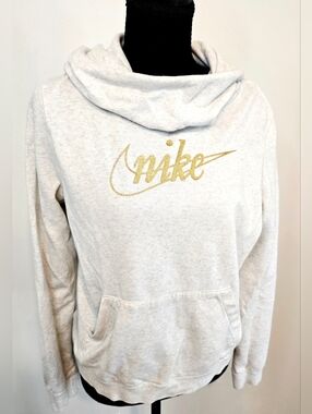 Nike Hoodie Cream Speckled Gold Logo Pullover Sweatshirt Women M